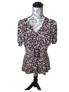 Alfani Petite PM Brown and White Floral Print Top with Belt